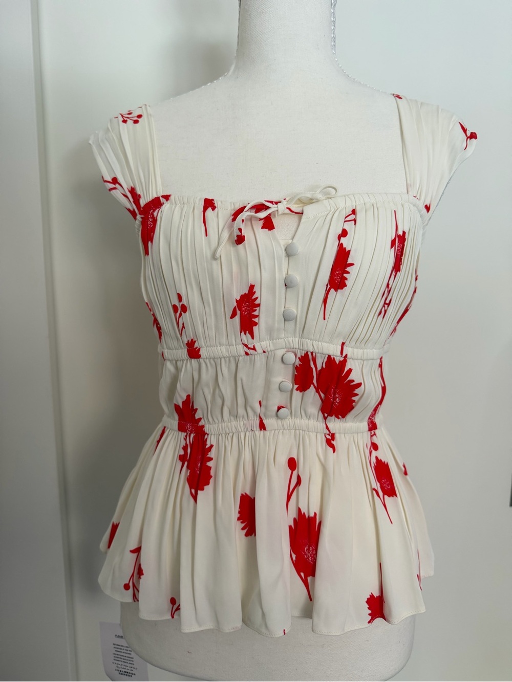 Self Portrait Cream Peplum Floral Blouse with Red Print